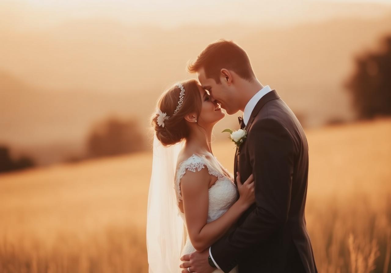 Wedding couple at golden hour